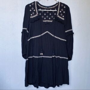 American Eagle Black Tan Boho Tassel Tiered Dress
